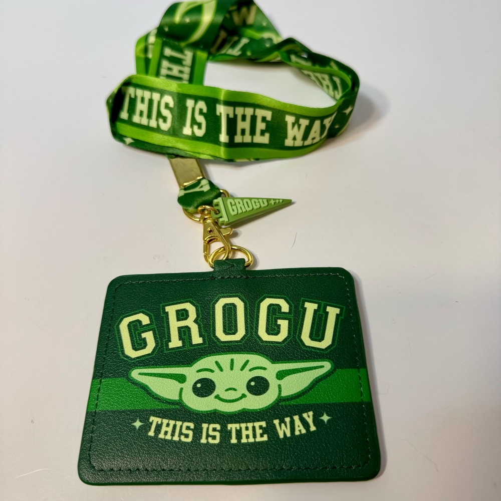 NWT. Disney Star Wars The Mandalorian Grogu Varsity Allover Print Lanyard.
